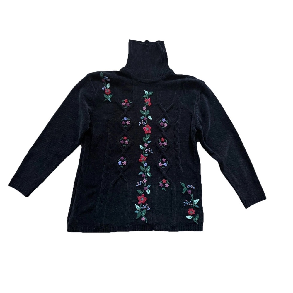 Vintage Carolyn Taylor Black Turtleneck Sweater with Floral Embroidery Velvety